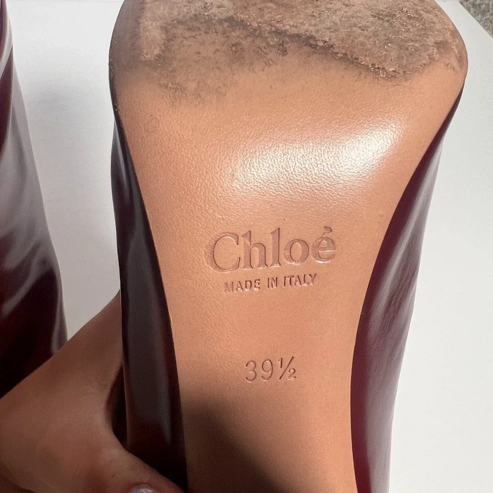 Chloe Sz EU 39.5 Ankle Boots Burgundy Patent Leather Block‎ Heel Luxury Italy